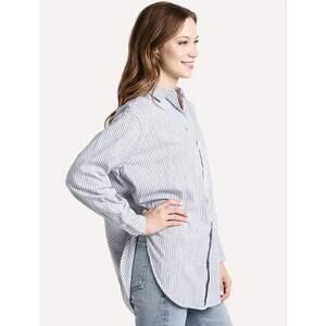 VINCE WOMENS OVERSIZED SPACE DYE STRIPE SHIRT IN BLUE|WHITE-SIZE MEDIUM